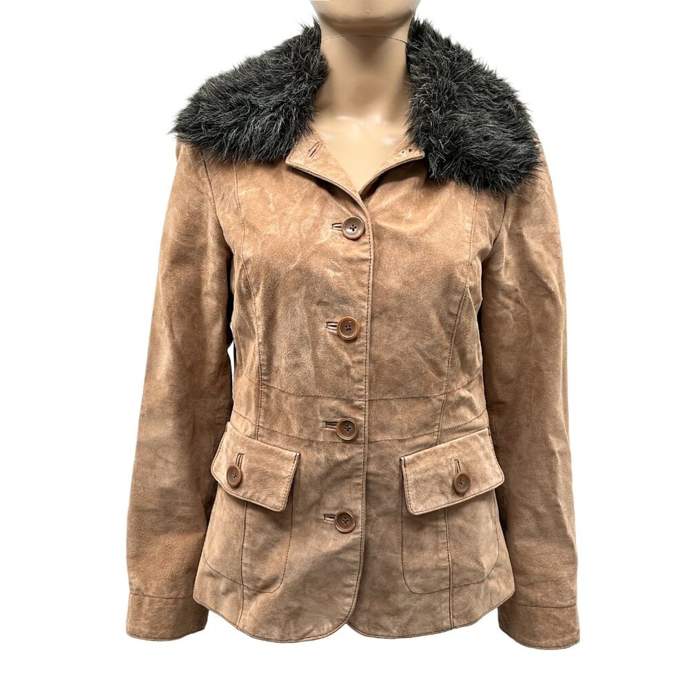 Alfani Brown Removable Faux Fur Collar Genuine Leather 2 Pocket Jacket